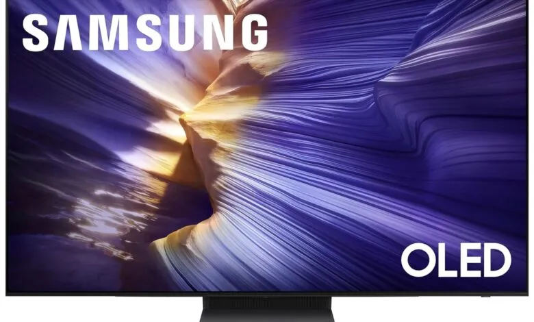 Samsung OLED TV displaying abstract purple and gold wave pattern on screen.