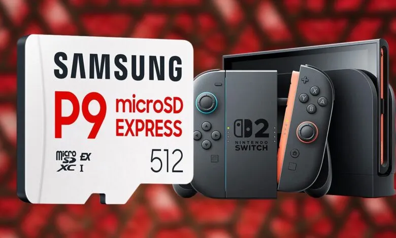 Samsung P9 microSD Express card next to a Nintendo Switch console.