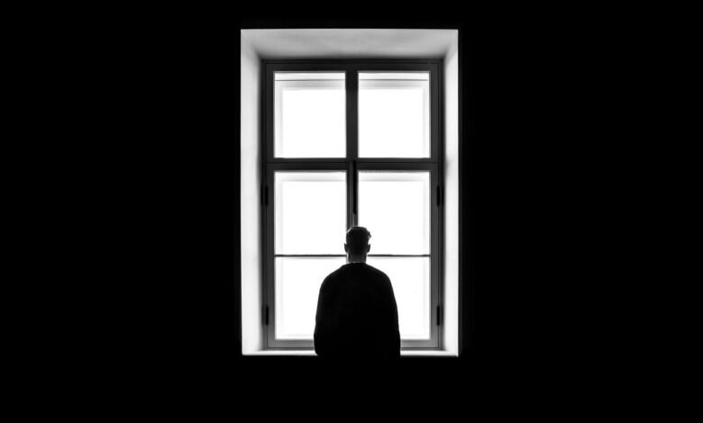Person silhouetted against bright window, looking out.