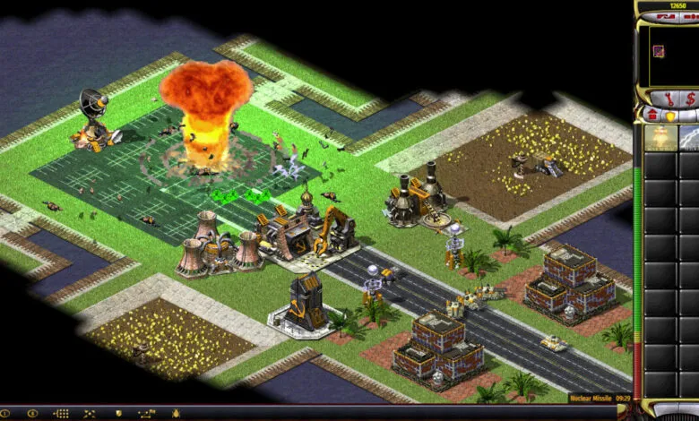 Explosion from a nuclear missile strike in a real-time strategy game.