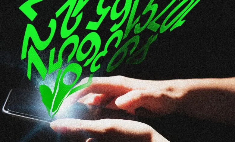 Hands typing on a smartphone with bright green numbers floating upwards.