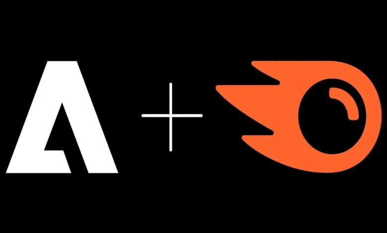 Adobe logo combined with Semrush logo on a black background.