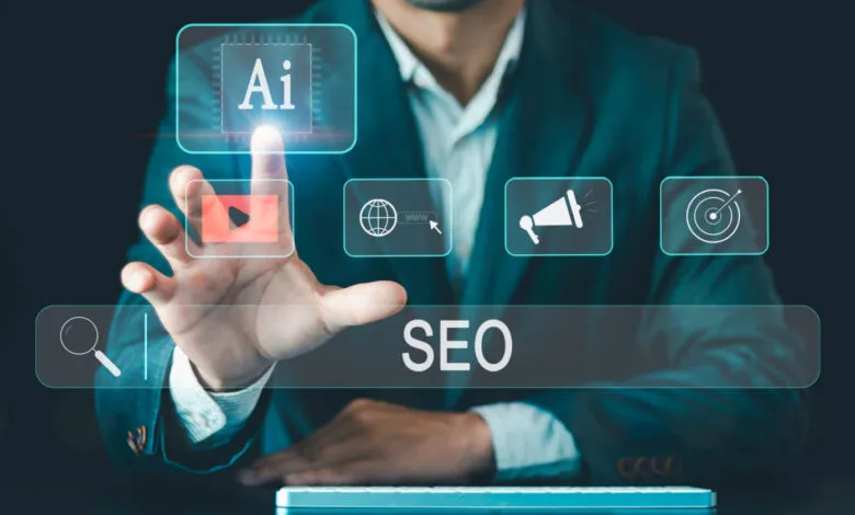 Man's hand interacting with a digital interface showing SEO concepts and AI.