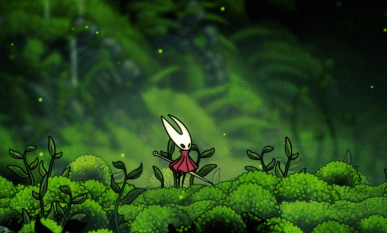 Hornet from Hollow Knight: Silksong stands in a lush, green environment.