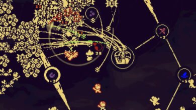 Pixel art game interface showing a character with magical projectiles and skill tree elements.