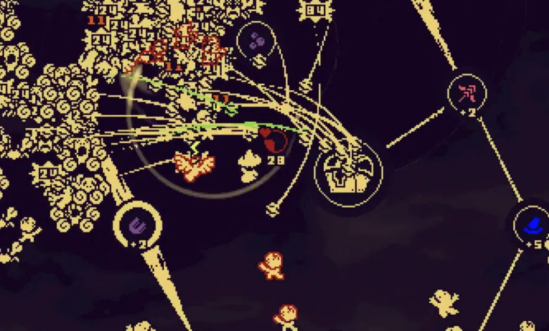 Pixel art game interface showing a character with magical projectiles and skill tree elements.