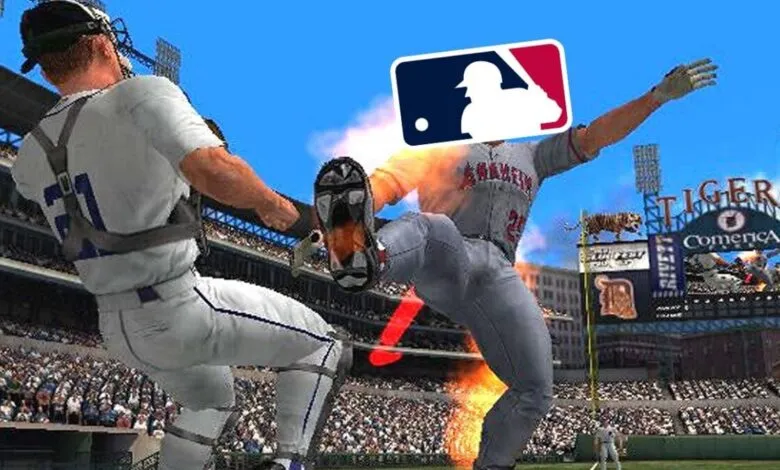 Baseball players in action during a game, with the MLB logo superimposed.