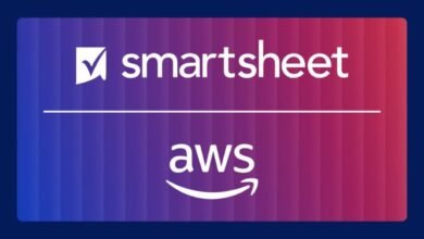 Smartsheet and AWS logos displayed on a gradient background.