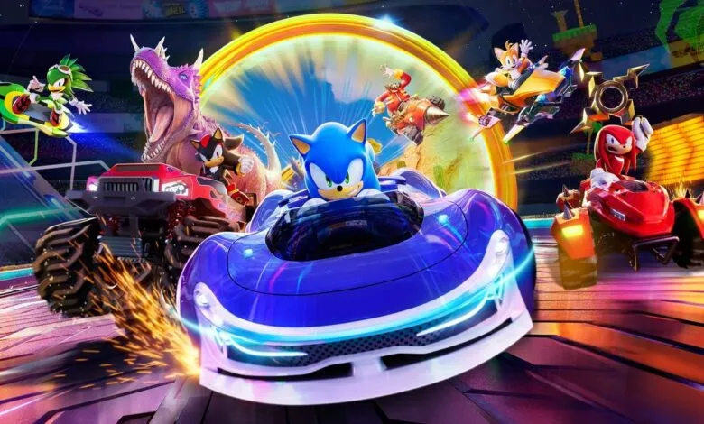 Sonic and friends racing in colorful, dynamic kart racing game scene.