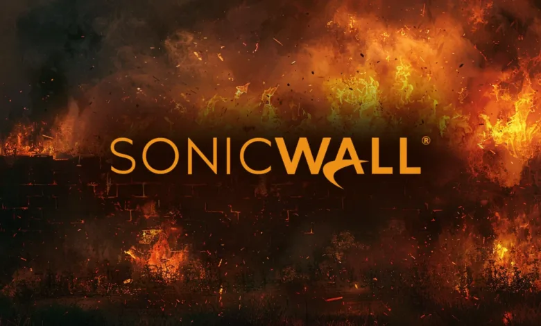 SonicWall logo superimposed on a fiery brick wall background.