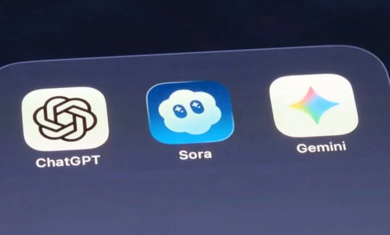 Close-up of a smartphone screen showing app icons for ChatGPT, Sora, and Gemini.