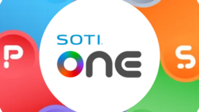 SOTI ONE logo with colorful segments and letters P, S