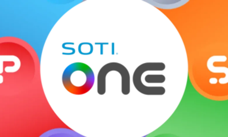 SOTI ONE logo with colorful segments and letters P, S