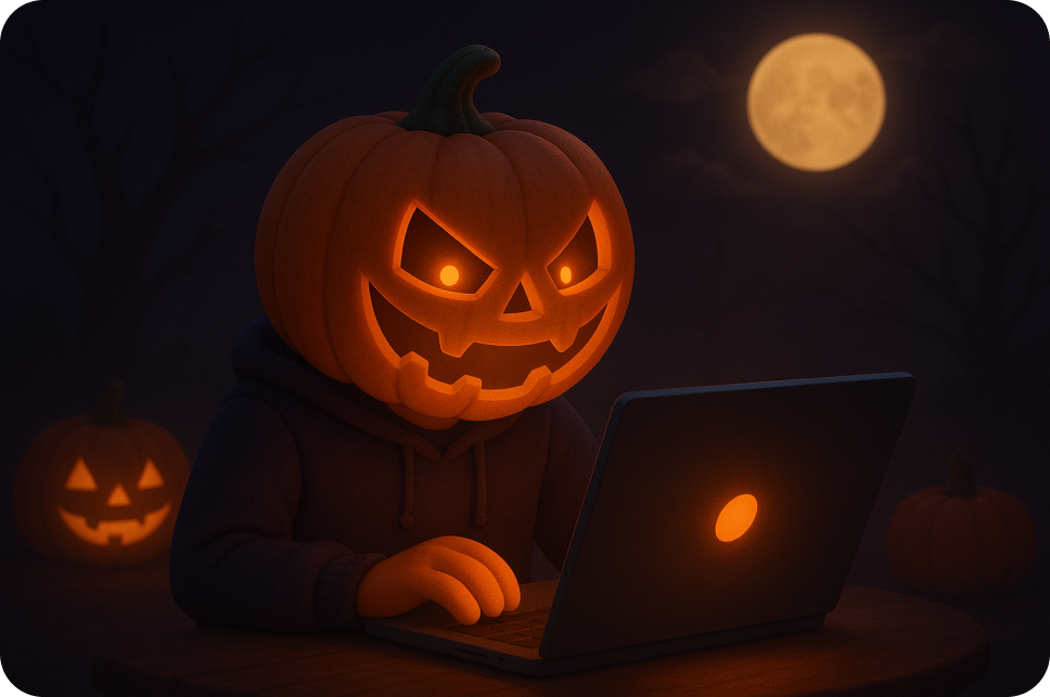 A jack-o'-lantern character wearing a hoodie uses a laptop at night.