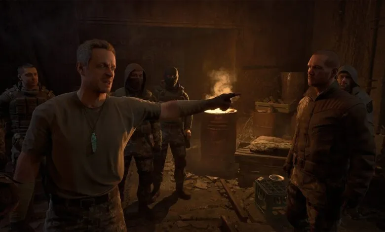 A group of men in tactical gear stand in a dimly lit, post-apocalyptic setting.