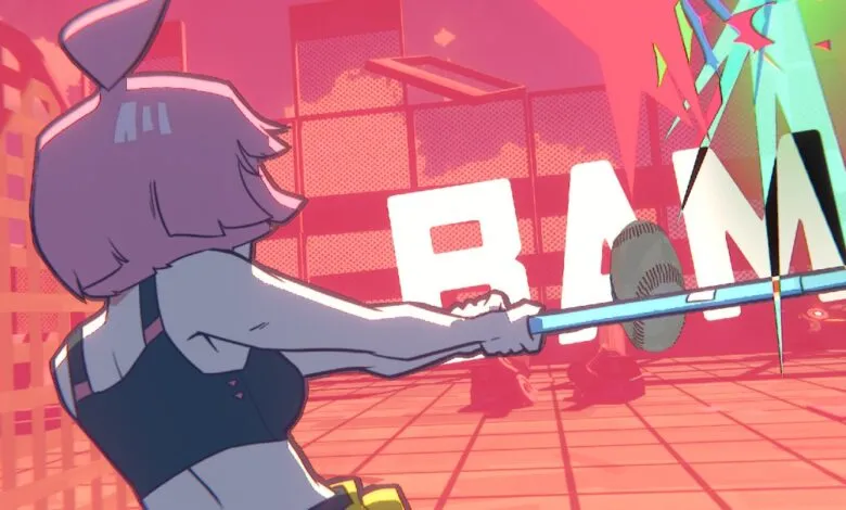 Animated character with pink hair swings bat in stylized urban setting.