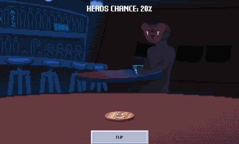 Pixel art scene of a character with a mask at a bar, with a coin on the table and a 'FLIP' button.