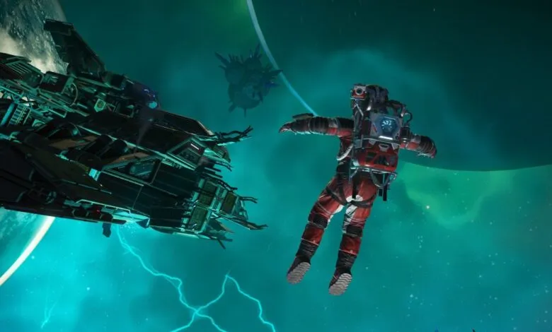 Astronaut in red suit floating in space near a large spaceship and a strange alien vessel.