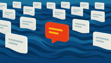 A single red speech bubble stands out amongst many white speech bubbles in a blue wavy sea.