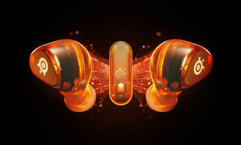 Transparent orange gaming earbuds and charging case with SteelSeries logo