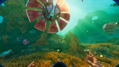 First-person view of an alien underwater world with strange flora and fauna.