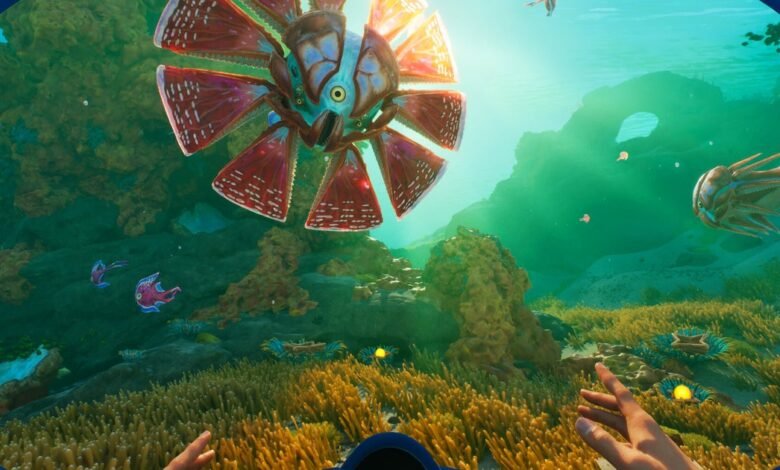 First-person view of an alien underwater world with strange flora and fauna.