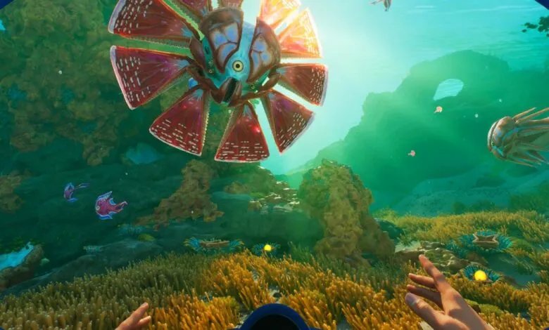 First-person view of an alien underwater world with strange flora and fauna.