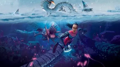 A woman in a diving suit swims near a large alien sea creature in a bioluminescent underwater world.