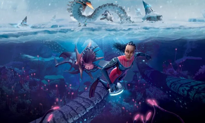 A woman in a diving suit swims near a large alien sea creature in a bioluminescent underwater world.