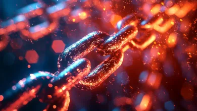 Close-up of a metal chain with red and blue lighting effects.