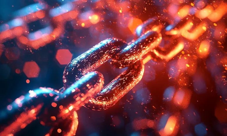 Close-up of a metal chain with red and blue lighting effects.
