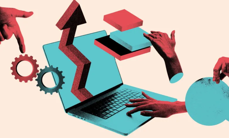 Abstract illustration of hands interacting with a laptop, gears, and a speech bubble.