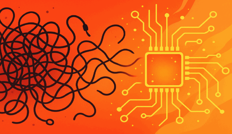 Illustration of tangled black wires transforming into a bright yellow circuit board and CPU.
