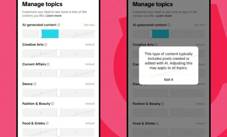 TikTok app screen showing AI-generated content controls and topic management.