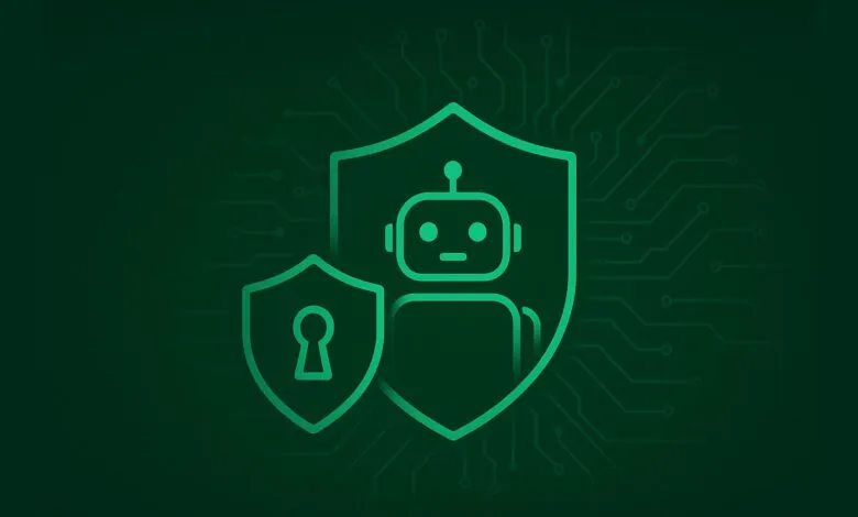 Green shield with robot icon and keyhole symbol on circuit board background