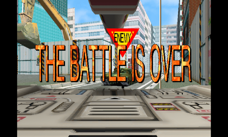 Video game screen showing 'THE BATTLE IS OVER' text with a tank and city background.