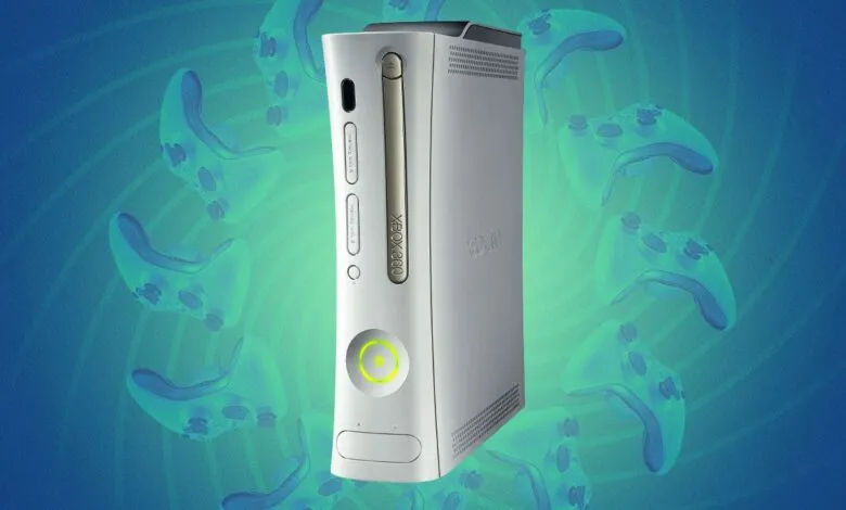 Xbox 360 console with controllers in the background.