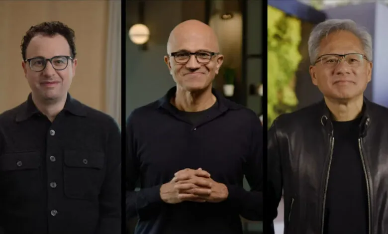 Three tech leaders: Jensen Huang, Satya Nadella, and an unidentified man in a split screen.