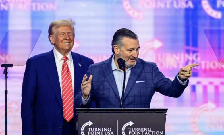 Donald Trump and Ted Cruz on stage at Turning Point's AmericaFest 2024 event.