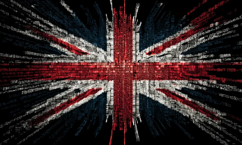 Abstract Union Jack flag made of digital code and lines