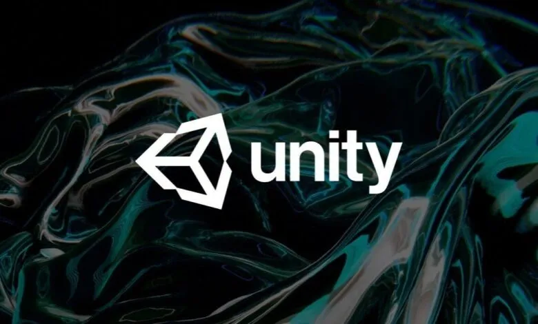 The Unity logo with the word 'unity' in white text against a dark, abstract background.