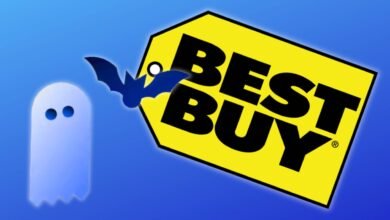 Best Buy logo with a ghost and bat against a blue gradient background.