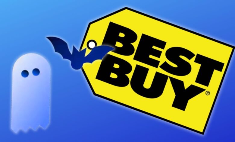 Best Buy logo with a ghost and bat against a blue gradient background.
