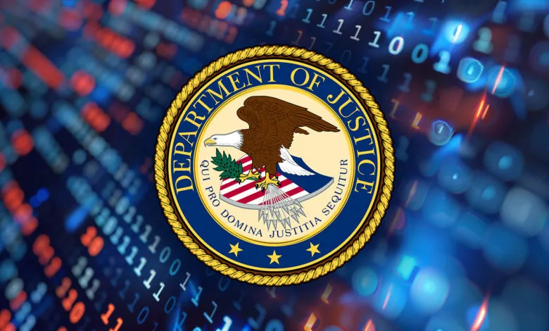 Department of Justice seal superimposed on a digital background of binary code.