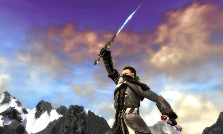 A fantasy warrior raises a glowing sword against a dramatic sky.