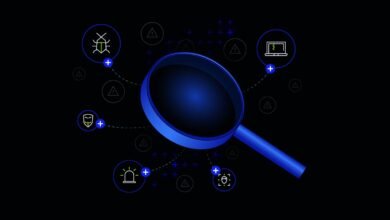 Cybersecurity icons surrounding a magnifying glass on a dark background.