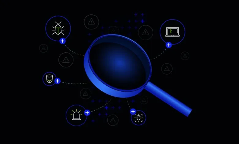 Cybersecurity icons surrounding a magnifying glass on a dark background.