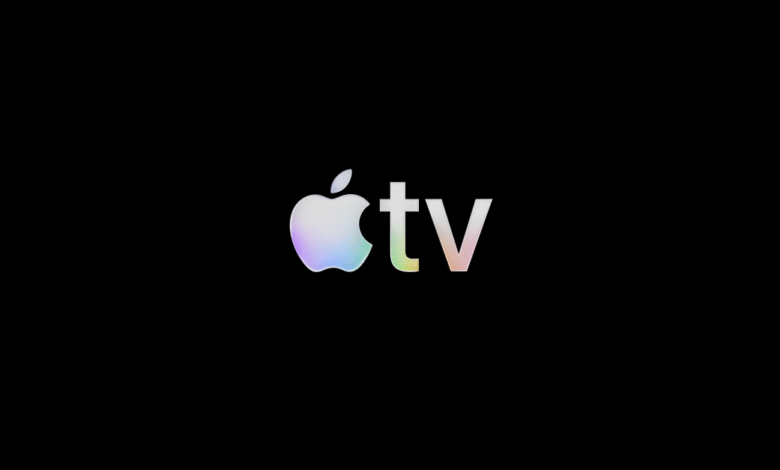 The Apple TV logo with a holographic sheen on a black background.