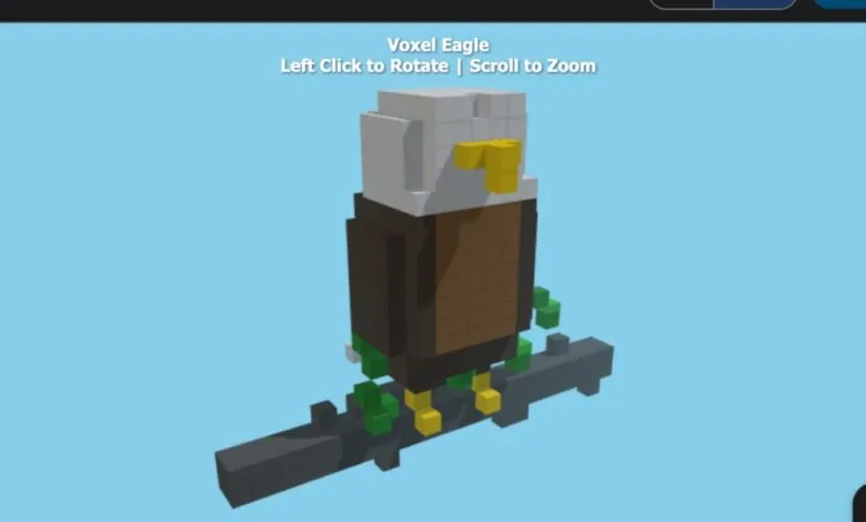 A 3D voxel art representation of an eagle perched on a branch.