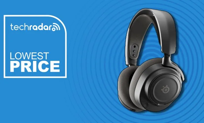 Black SteelSeries gaming headphones with TechRadar lowest price graphic